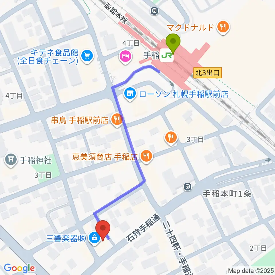三響楽器の最寄駅手稲駅からの徒歩ルート（約5分）地図