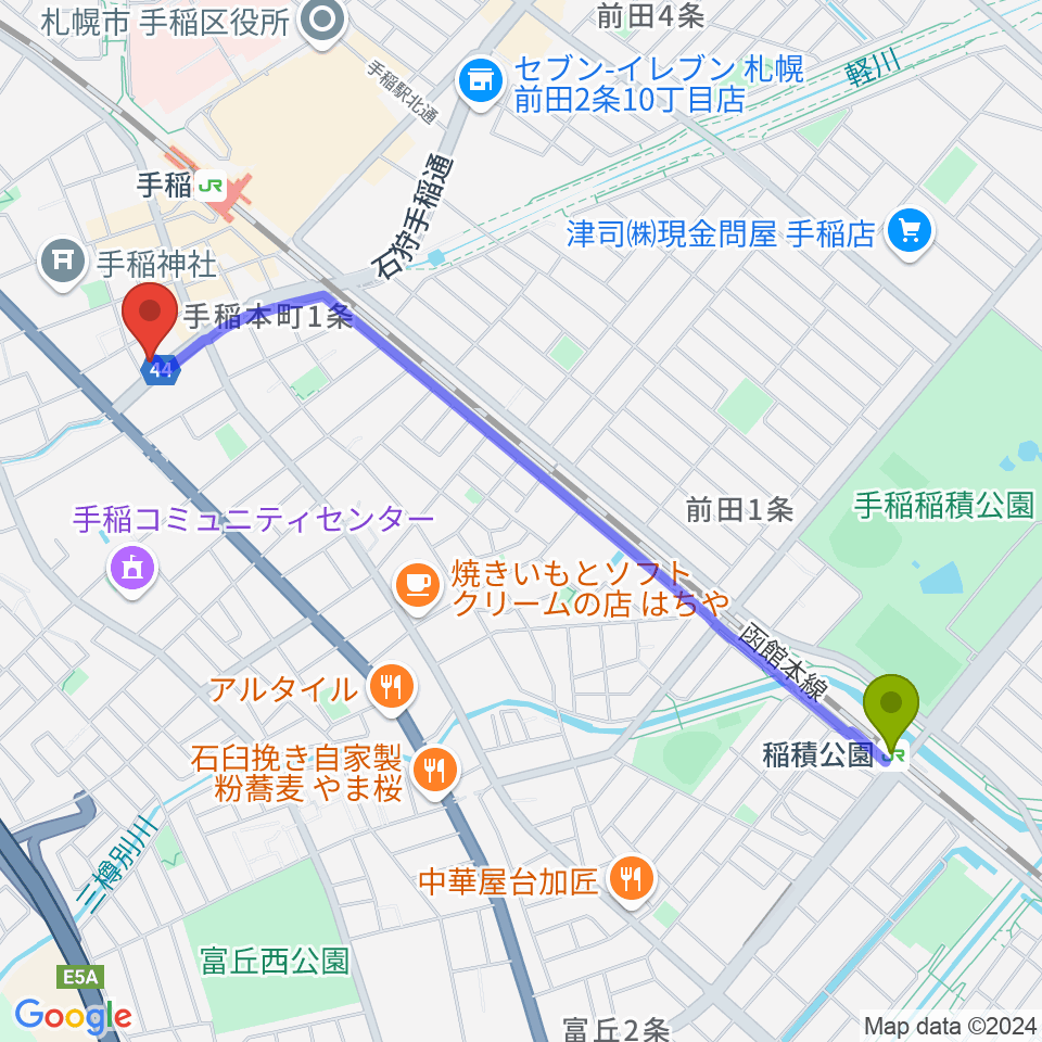 稲積公園駅から三響楽器へのルートマップ地図