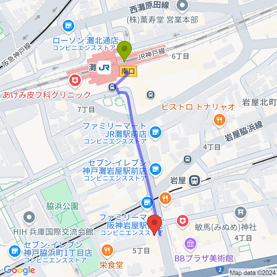 灘駅からゼーレ弦楽器工房へのルートマップ地図