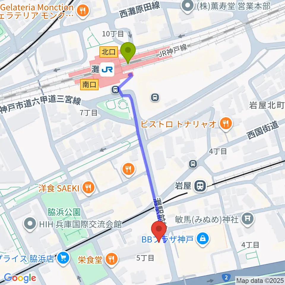 灘駅からゼーレ弦楽器工房へのルートマップ地図