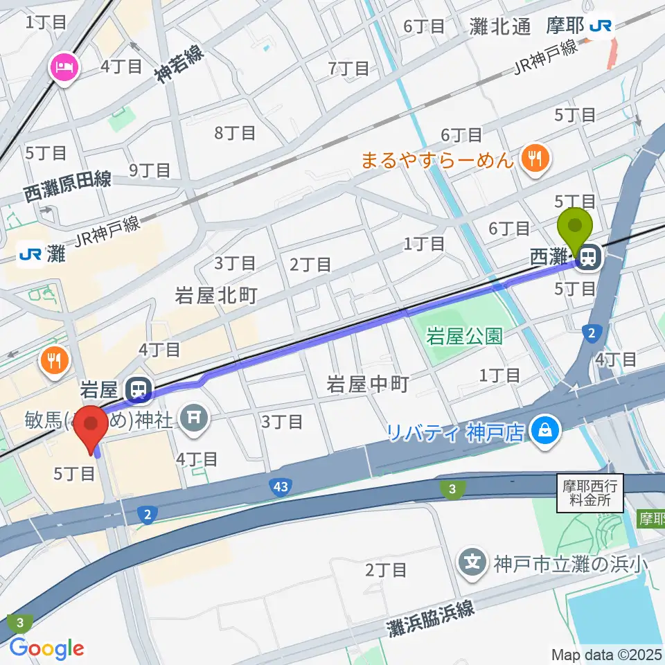 西灘駅からゼーレ弦楽器工房へのルートマップ地図