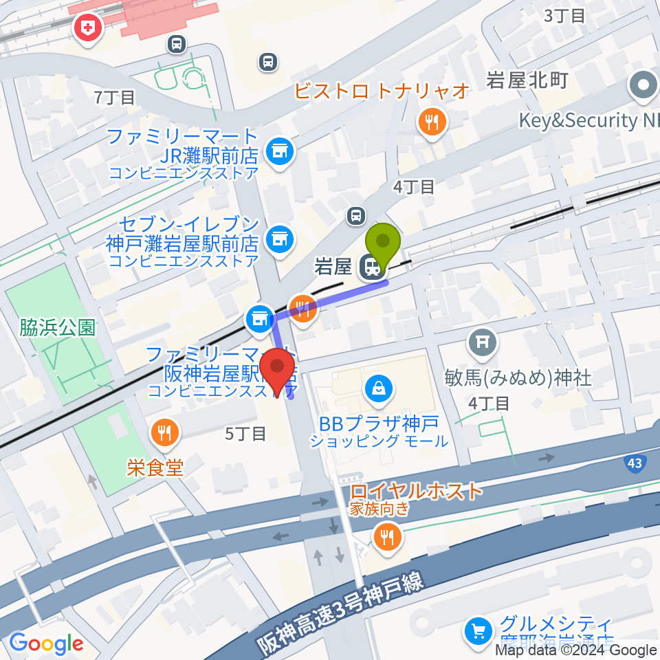 ゼーレ弦楽器工房の最寄駅岩屋駅からの徒歩ルート（約2分）地図