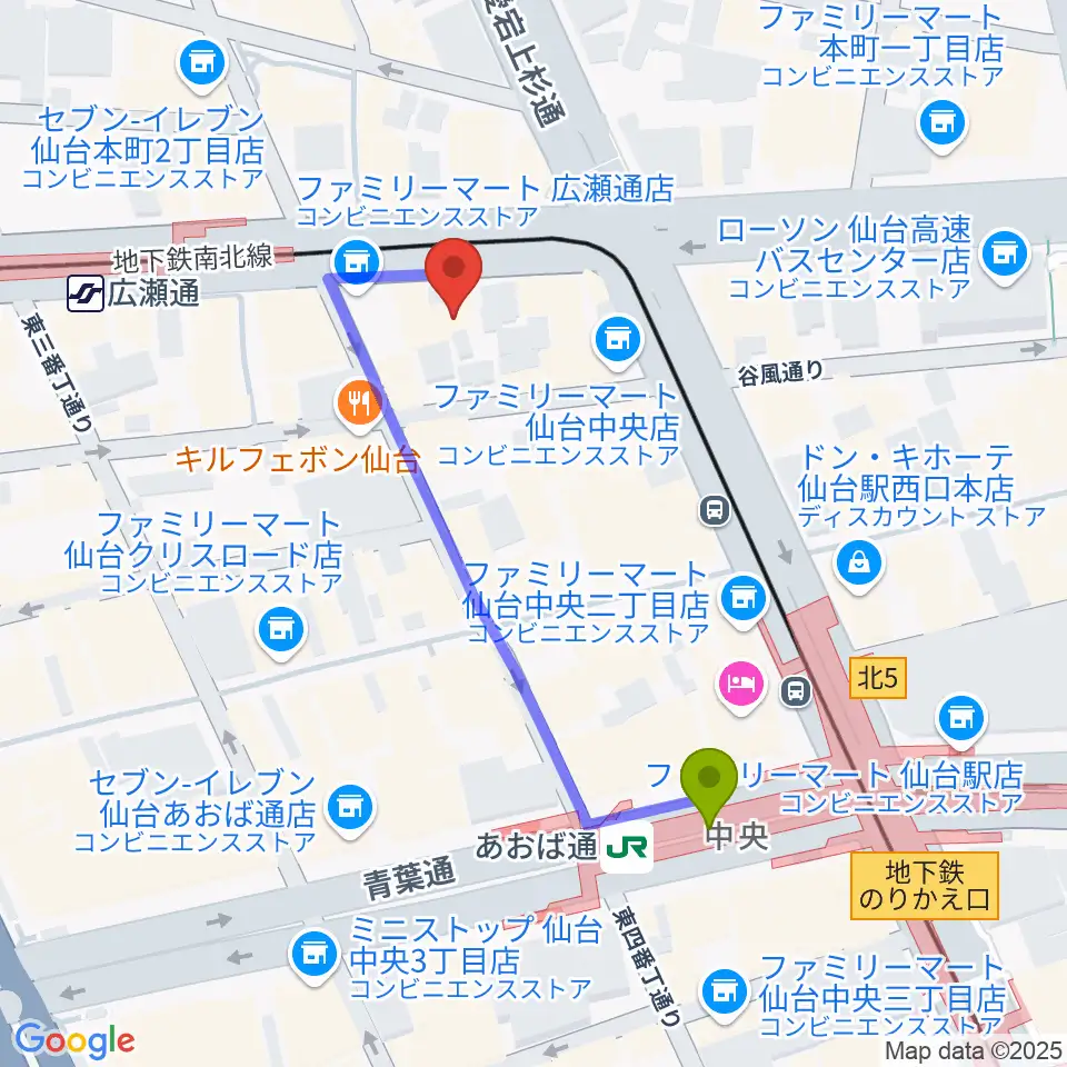 あおば通駅からグレースハープ仙台店へのルートマップ地図