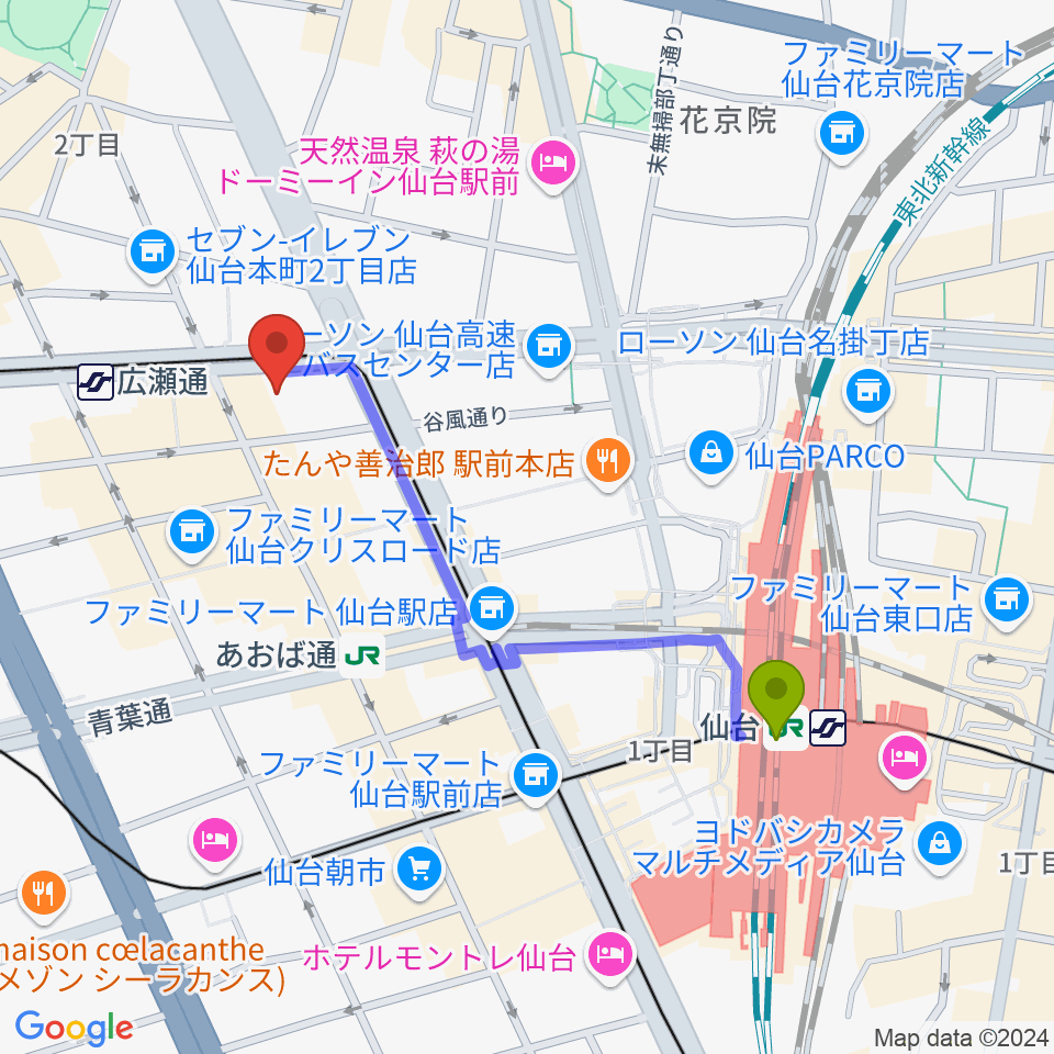 仙台駅からグレースハープ仙台店へのルートマップ地図