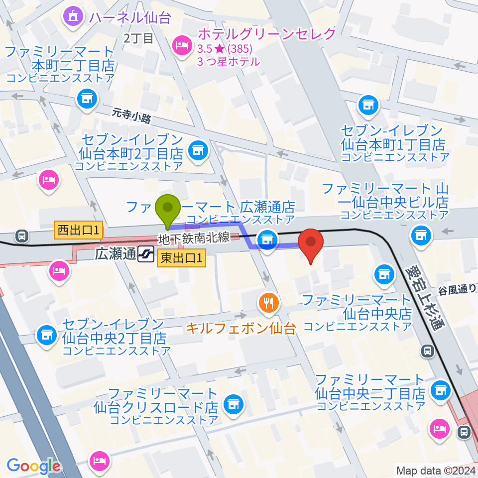 グレースハープ仙台店の最寄駅広瀬通駅からの徒歩ルート（約2分）地図