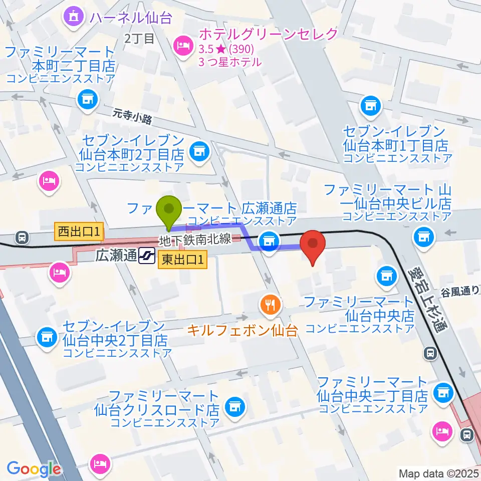 グレースハープ仙台店の最寄駅広瀬通駅からの徒歩ルート（約2分）地図