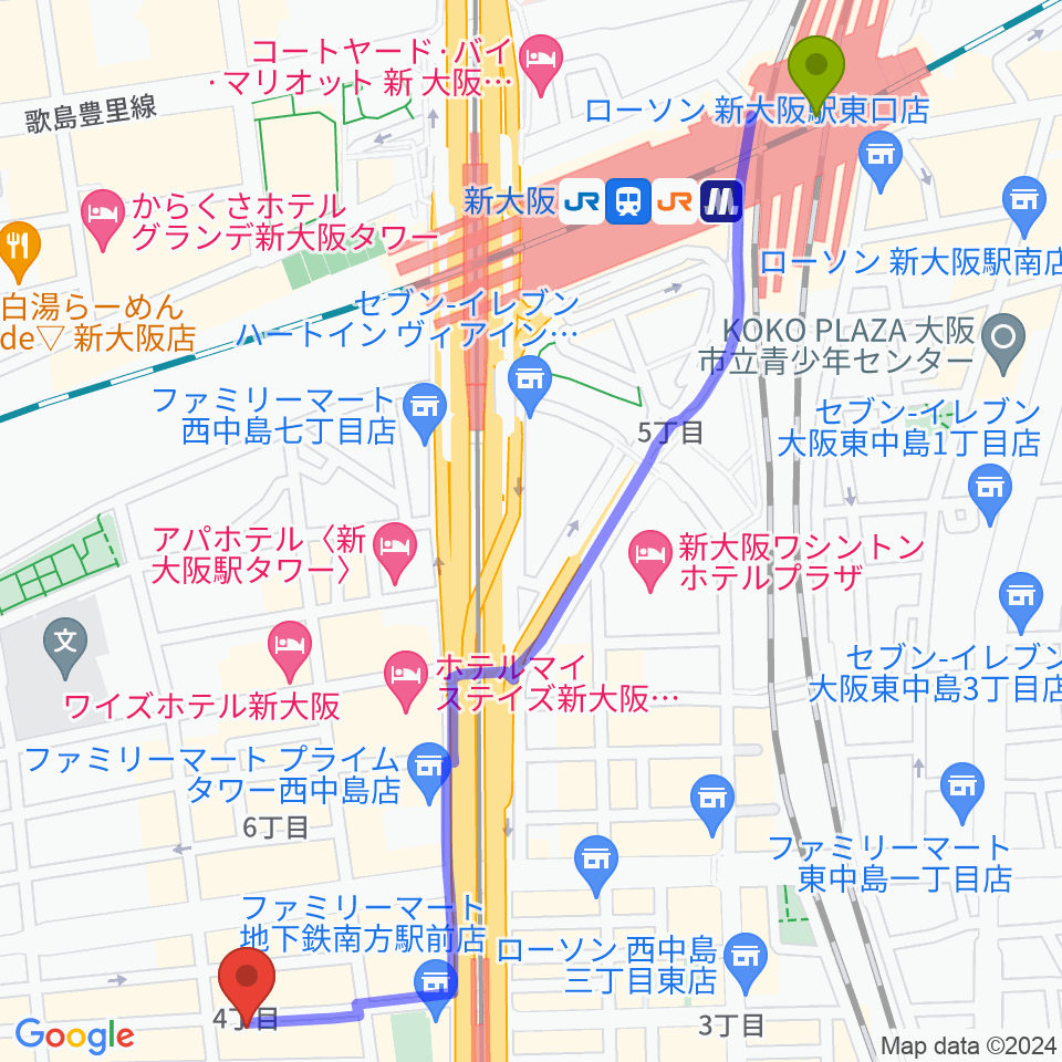 新大阪駅から十三堂楽器へのルートマップ地図
