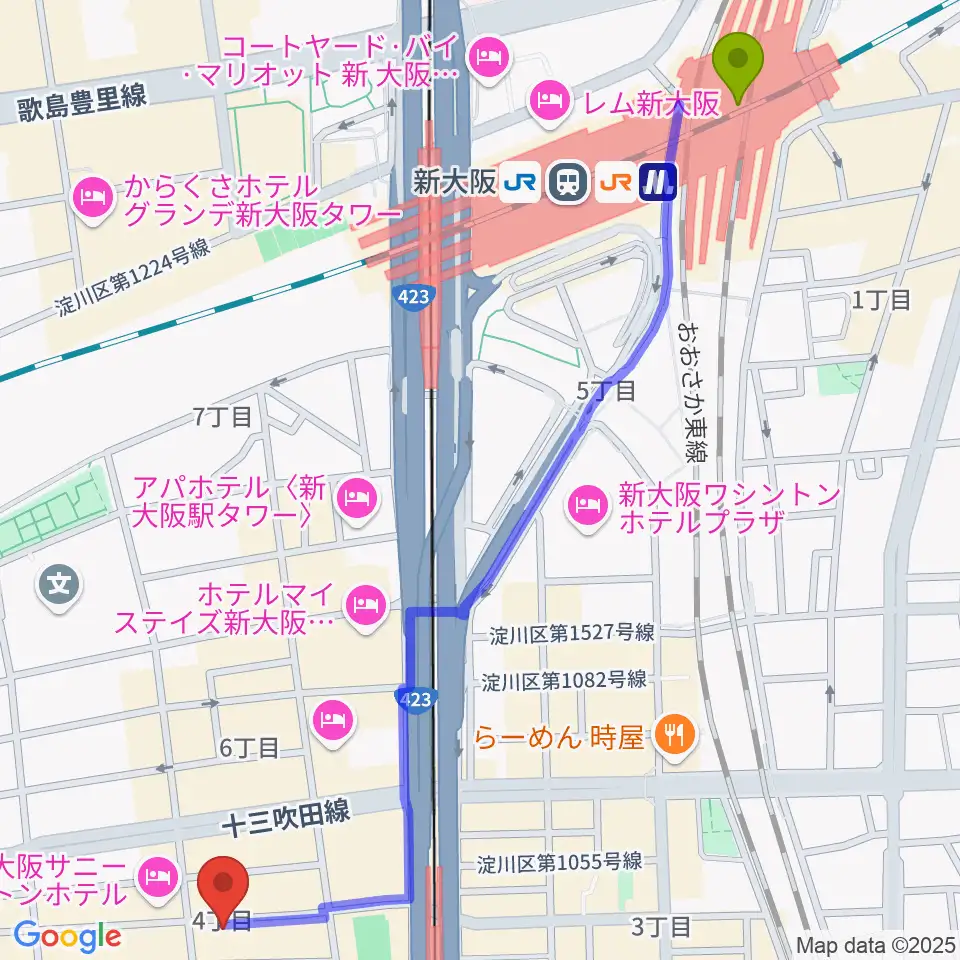 新大阪駅から十三堂楽器へのルートマップ地図