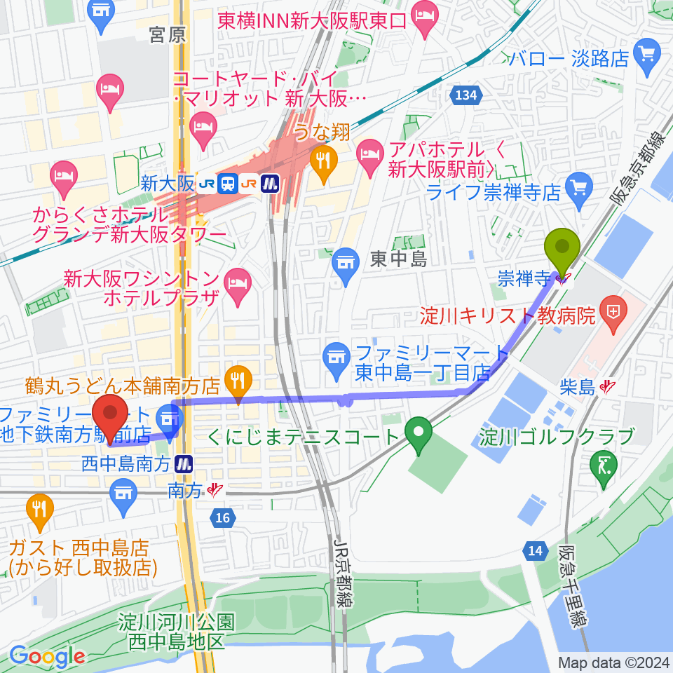 崇禅寺駅から十三堂楽器へのルートマップ地図