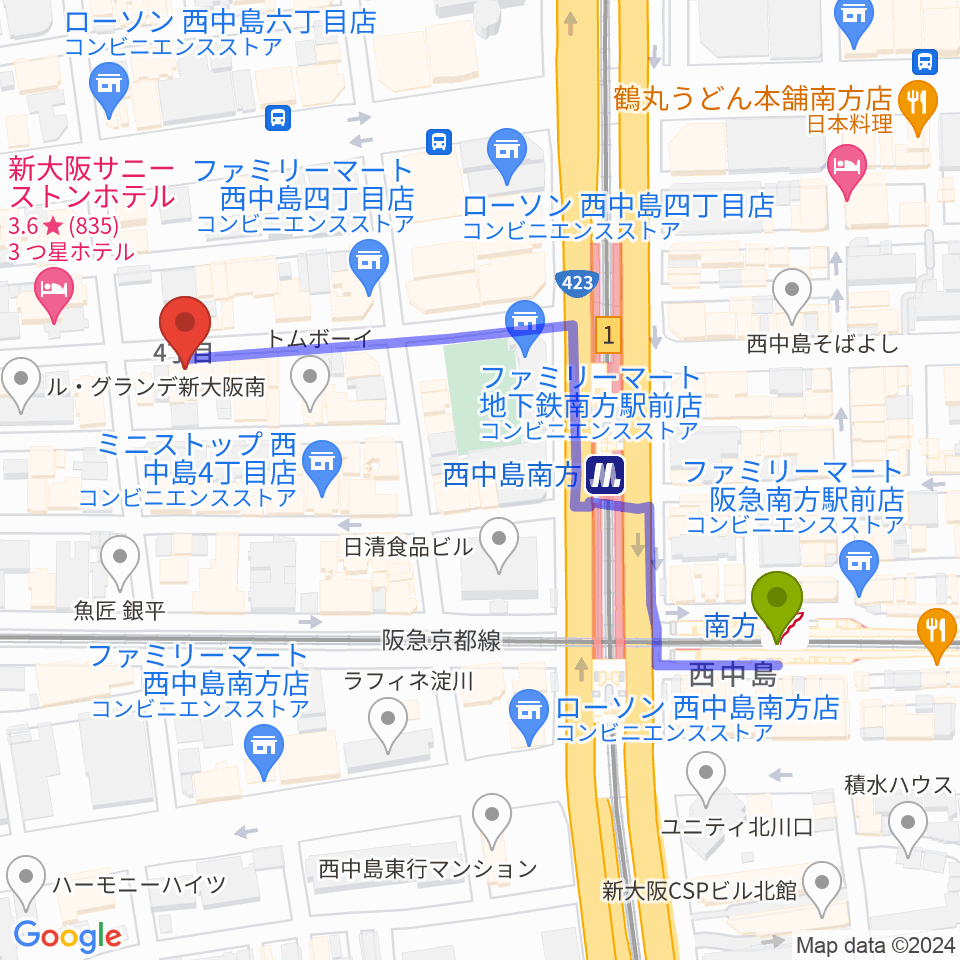 十三堂楽器の最寄駅南方駅からの徒歩ルート（約5分）地図