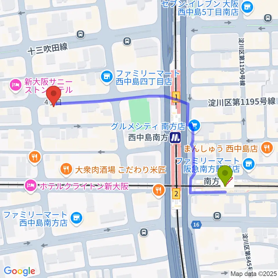 十三堂楽器の最寄駅南方駅からの徒歩ルート（約5分）地図