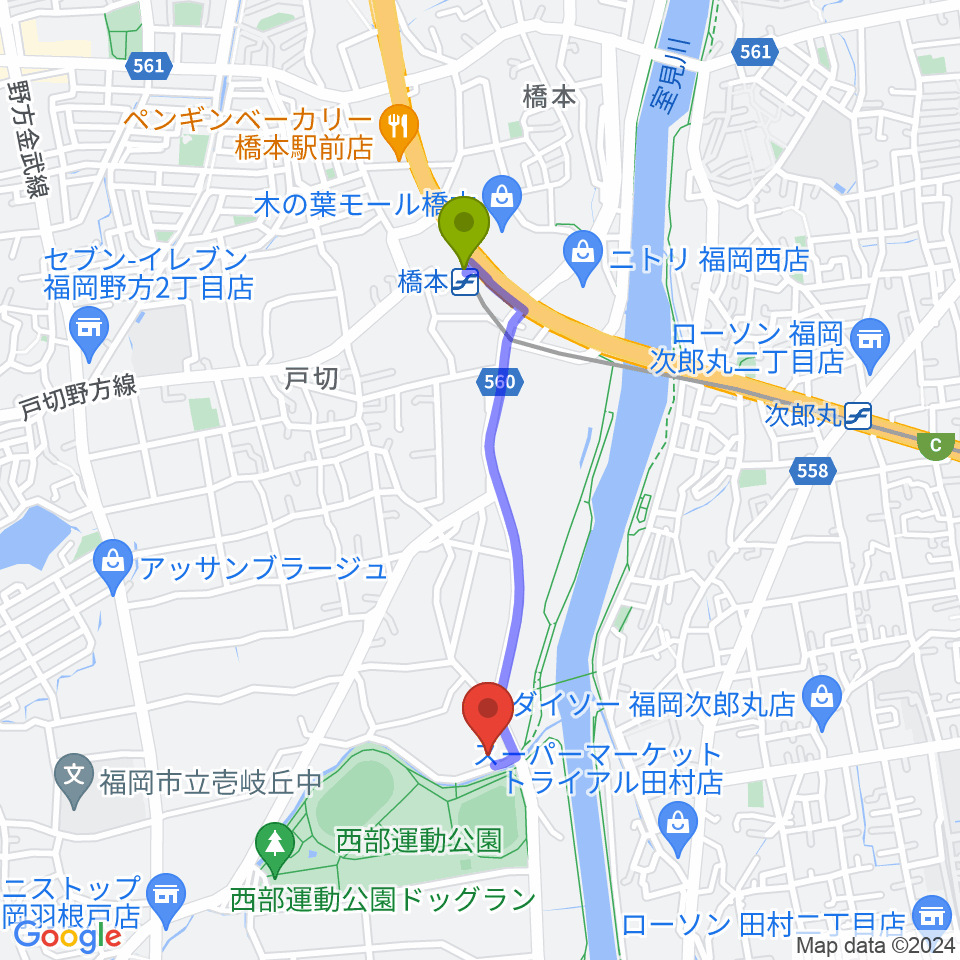 福岡あこやの最寄駅橋本駅からの徒歩ルート（約16分）地図