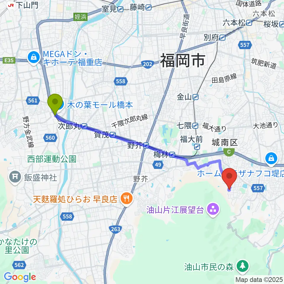 橋本駅から福岡あこやへのルートマップ地図