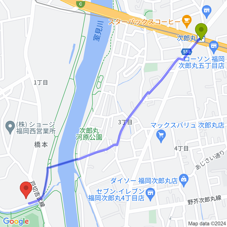 次郎丸駅から福岡あこやへのルートマップ地図
