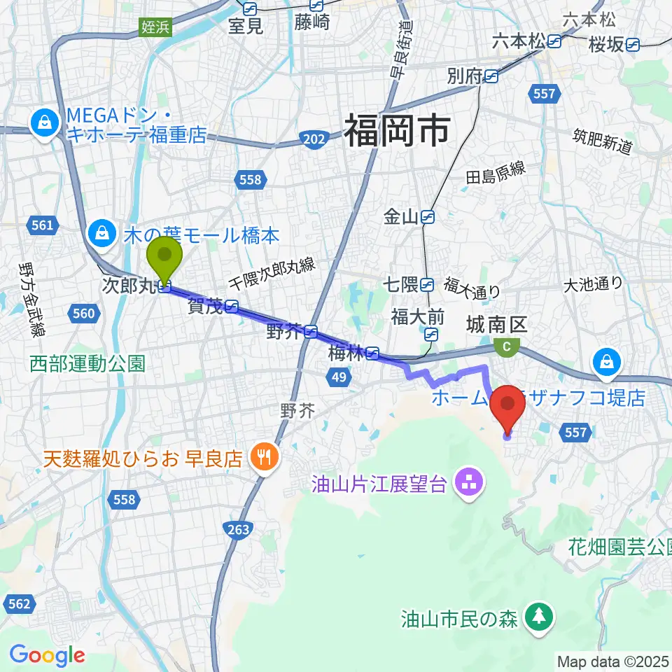 次郎丸駅から福岡あこやへのルートマップ地図