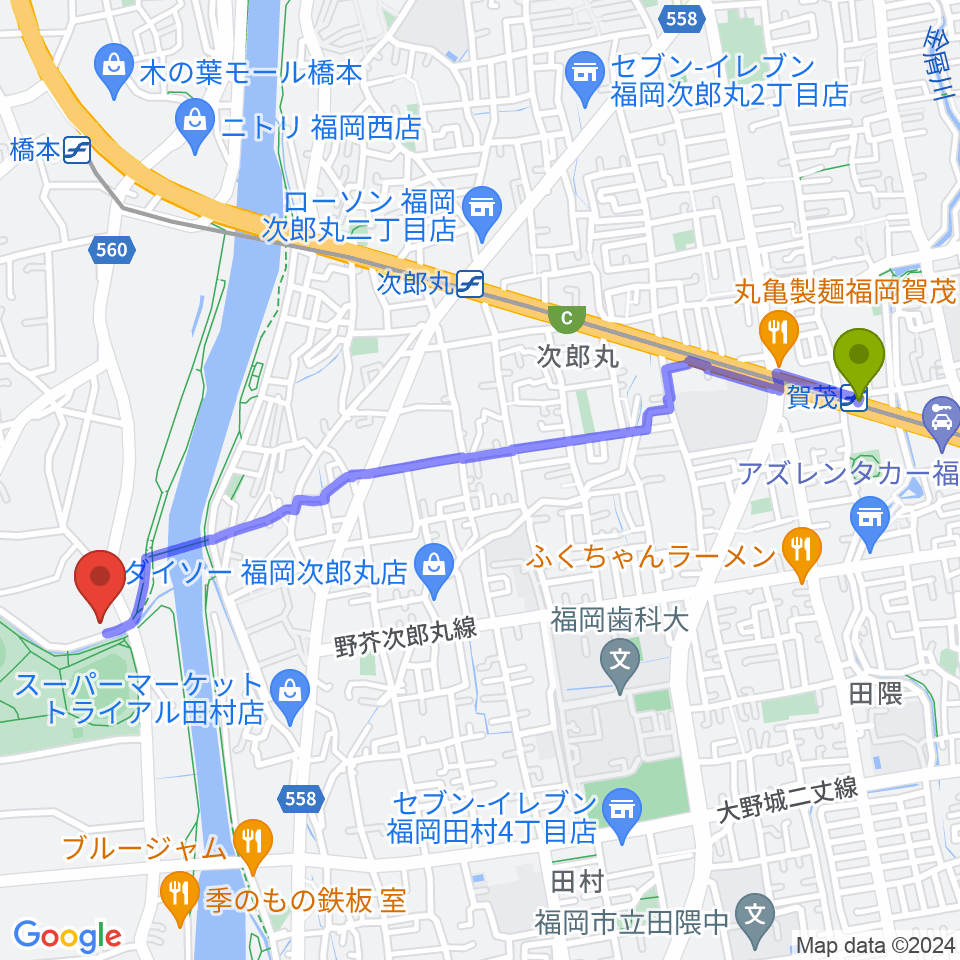 賀茂駅から福岡あこやへのルートマップ地図