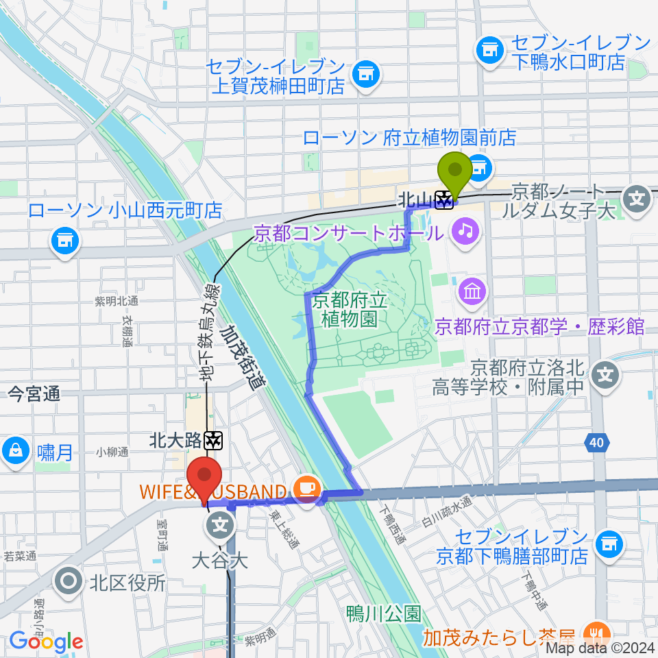 北山駅からアメリカヤ楽器店へのルートマップ地図