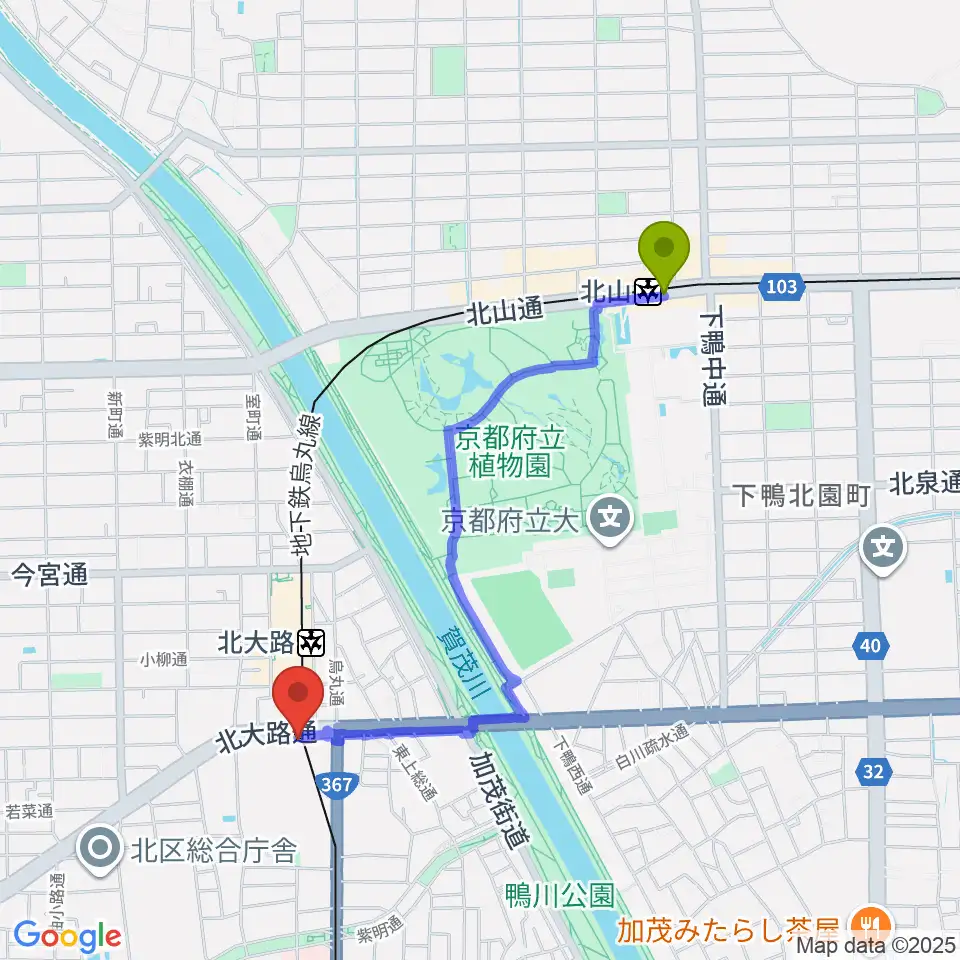 北山駅からアメリカヤ楽器店へのルートマップ地図
