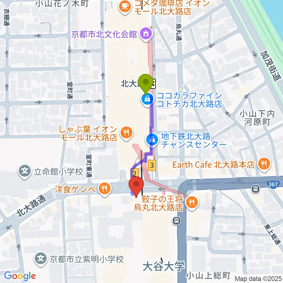 アメリカヤ楽器店の最寄駅北大路駅からの徒歩ルート（約3分）地図