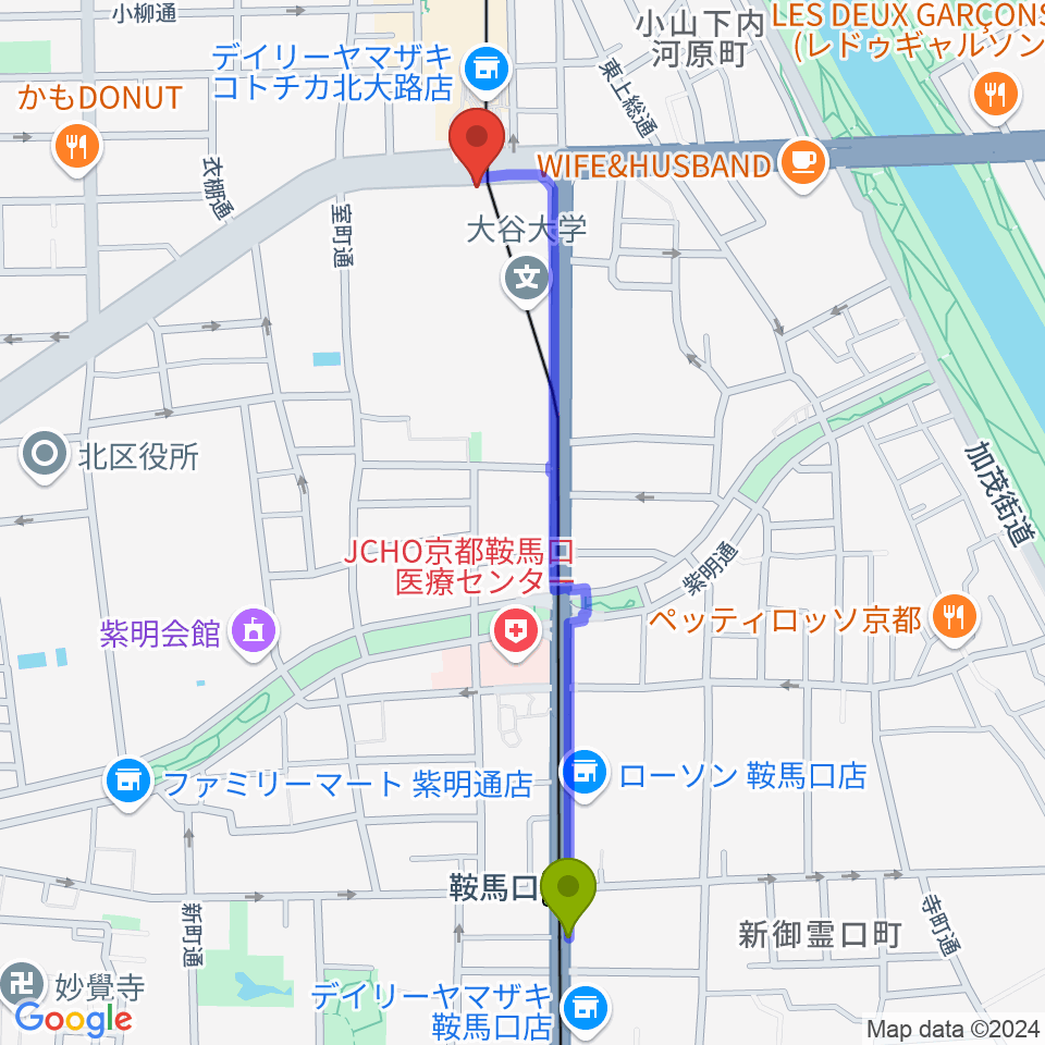 鞍馬口駅からアメリカヤ楽器店へのルートマップ地図