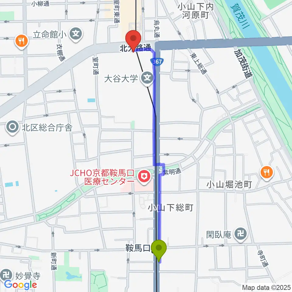 鞍馬口駅からアメリカヤ楽器店へのルートマップ地図