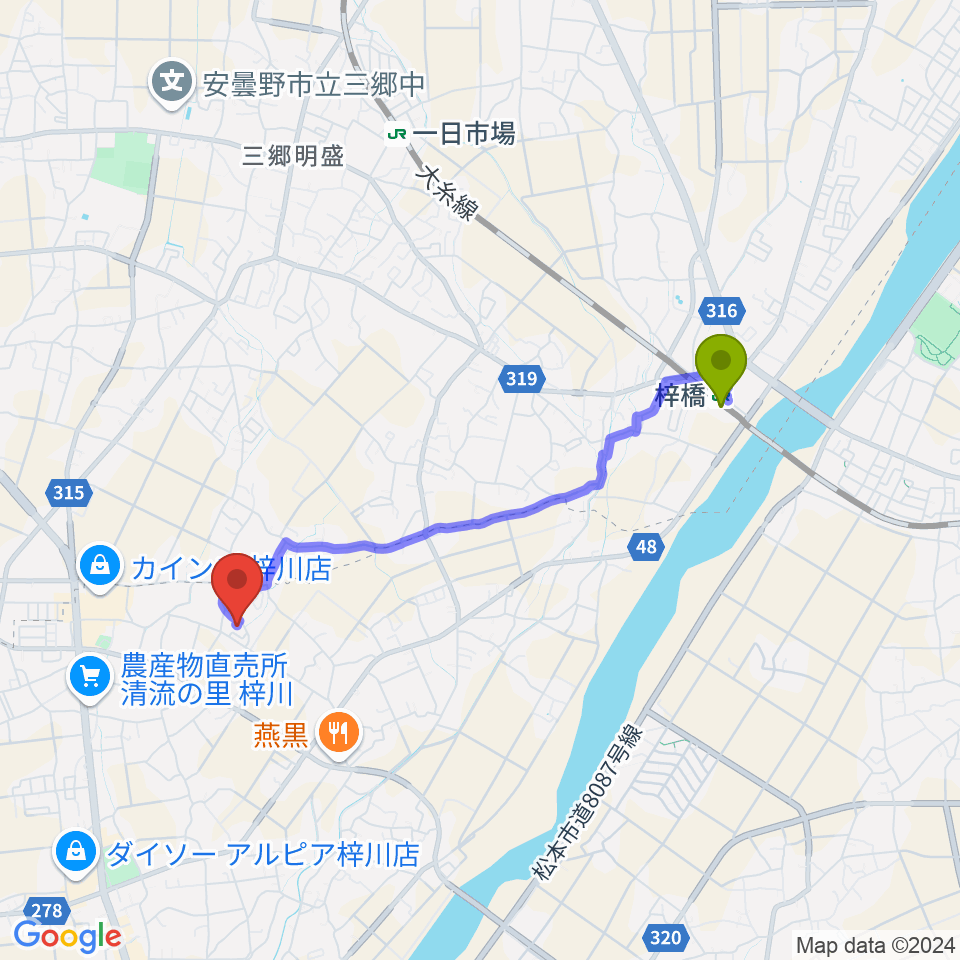 梓橋駅からエンジェルスハープ工房 オフィスドルチェへのルートマップ地図