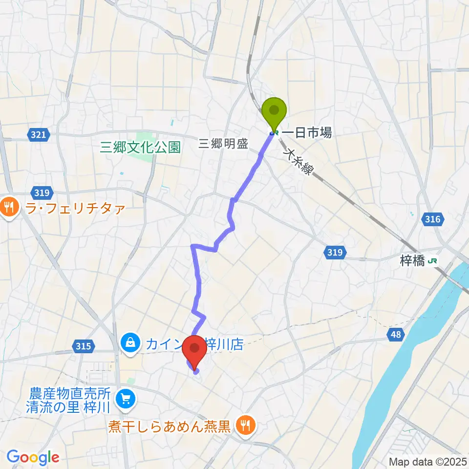 エンジェルスハープ工房 オフィスドルチェの最寄駅一日市場駅からの徒歩ルート（約33分）地図