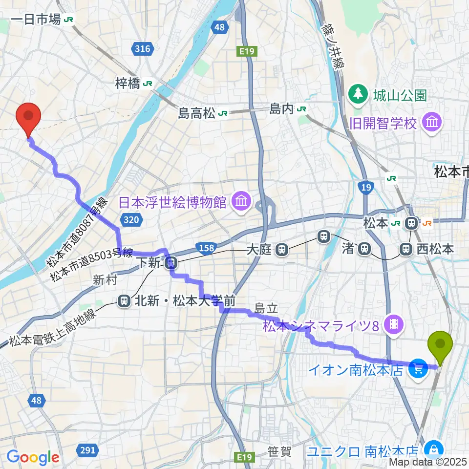 南松本駅からエンジェルスハープ工房 オフィスドルチェへのルートマップ地図