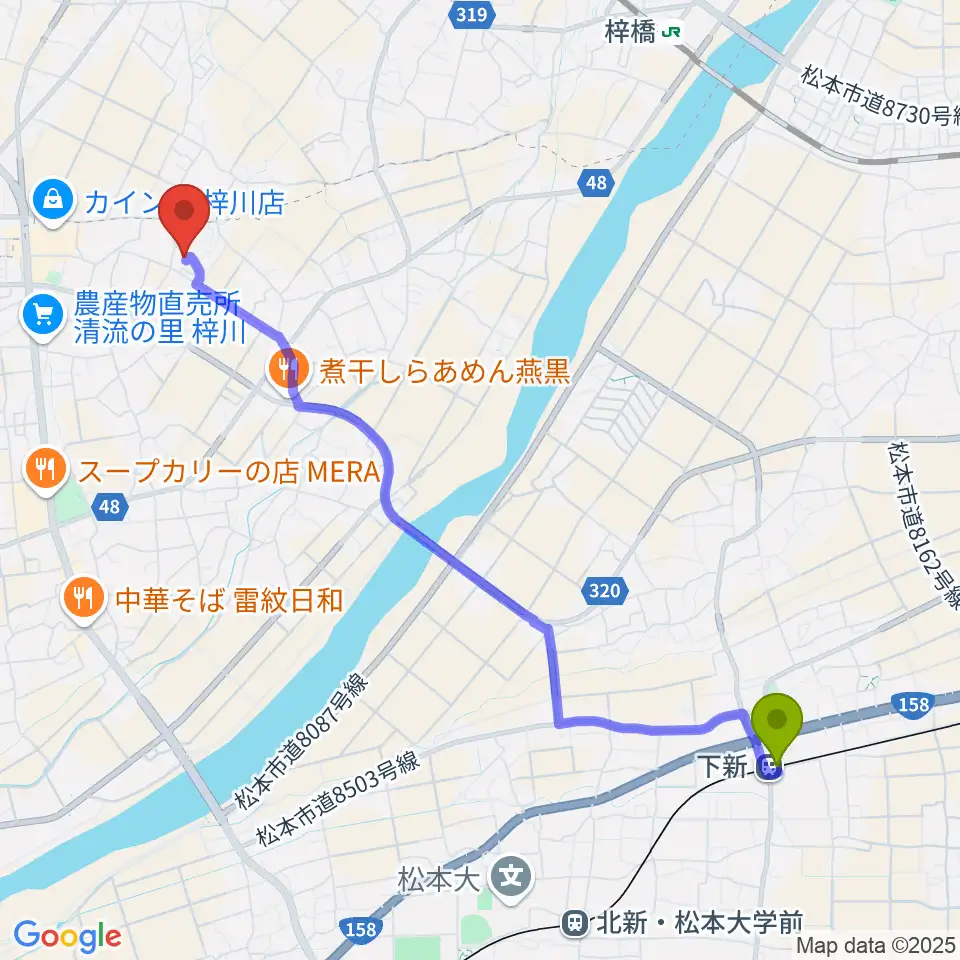 下新駅からエンジェルスハープ工房 オフィスドルチェへのルートマップ地図