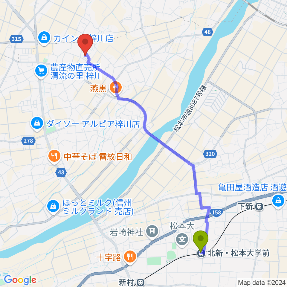 北新・松本大学前駅からエンジェルスハープ工房 オフィスドルチェへのルートマップ地図