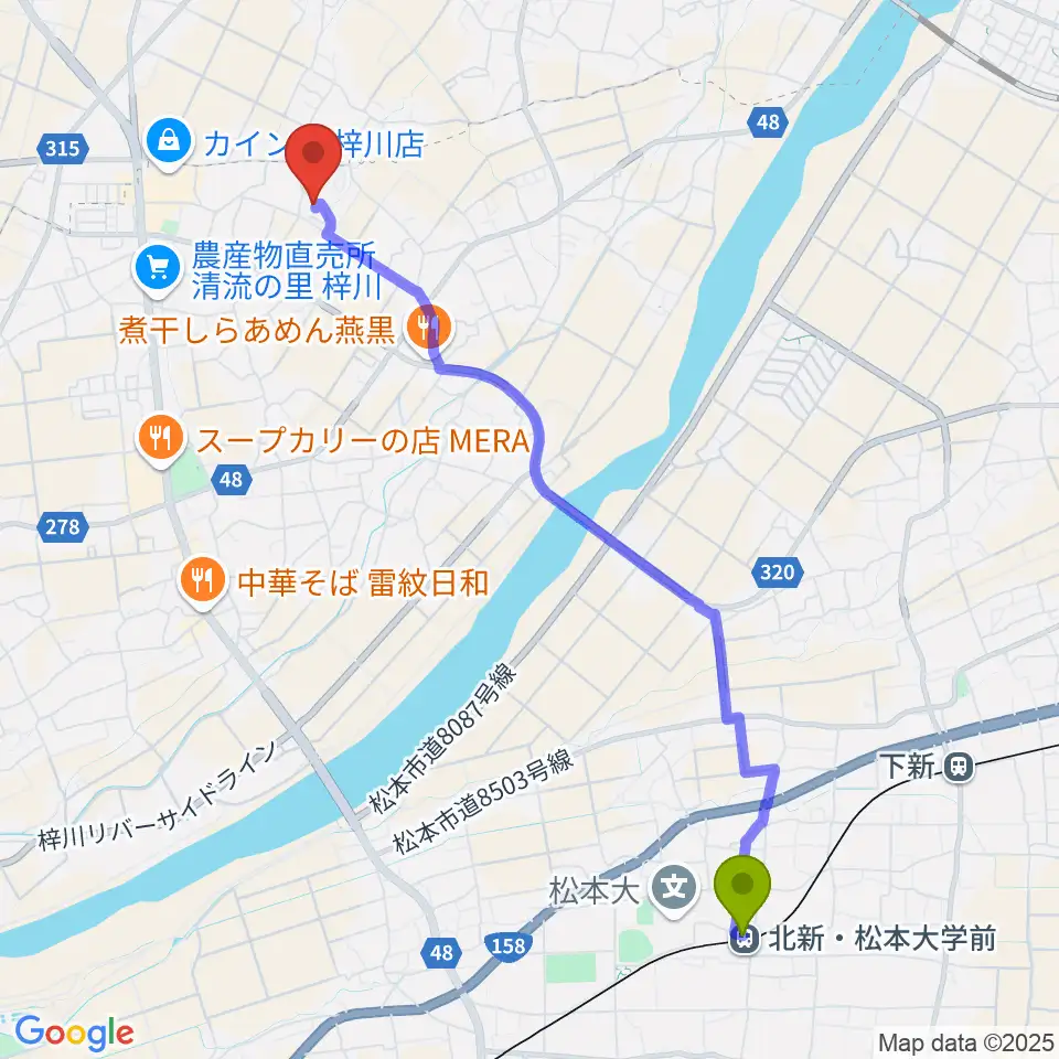 北新・松本大学前駅からエンジェルスハープ工房 オフィスドルチェへのルートマップ地図