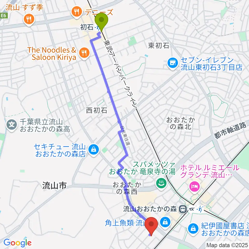 初石駅から弦楽器専門店アントニオへのルートマップ地図