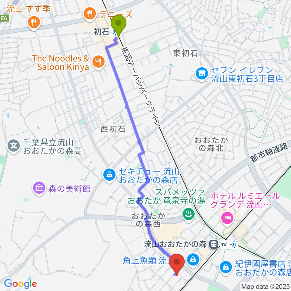 初石駅から弦楽器専門店アントニオへのルートマップ地図