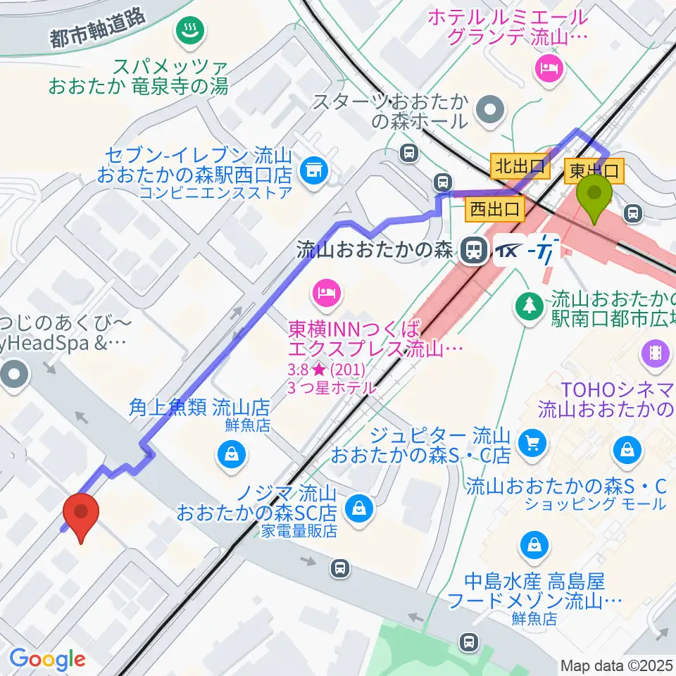 弦楽器専門店アントニオの最寄駅流山おおたかの森駅からの徒歩ルート（約7分）地図