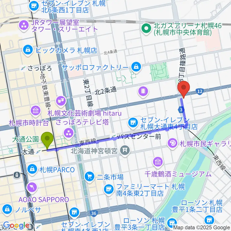 大通駅からアトリエ・ビー・ウィンドへのルートマップ地図