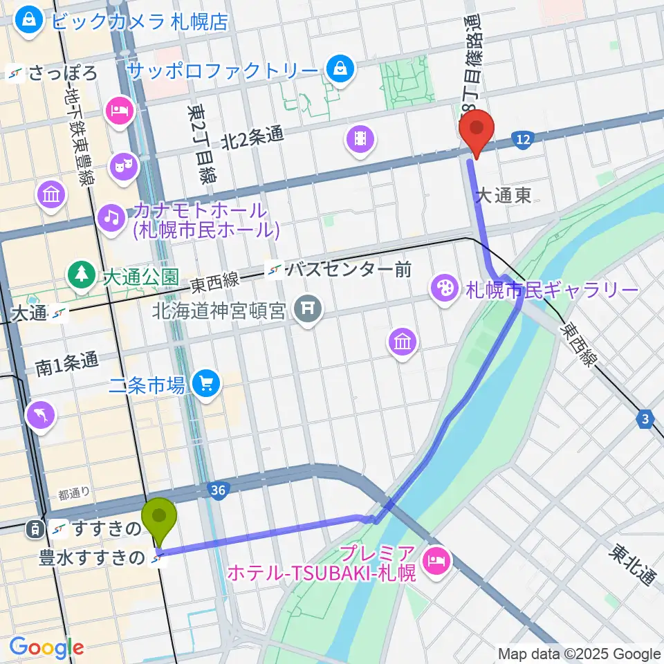 豊水すすきの駅からアトリエ・ビー・ウィンドへのルートマップ地図