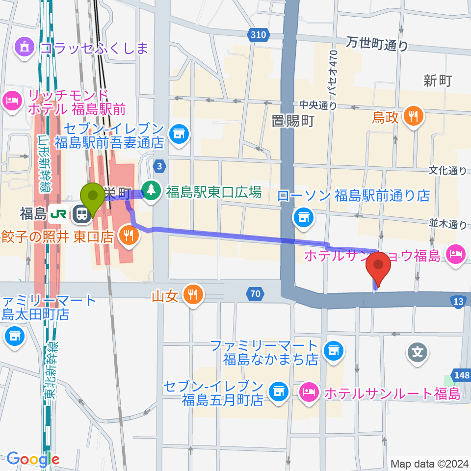 アイヴィー楽器の最寄駅福島駅からの徒歩ルート（約9分）地図