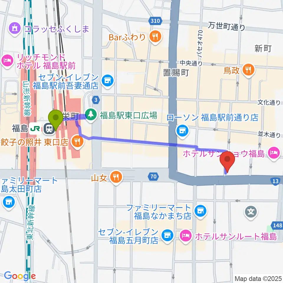 アイヴィー楽器の最寄駅福島駅からの徒歩ルート（約9分）地図