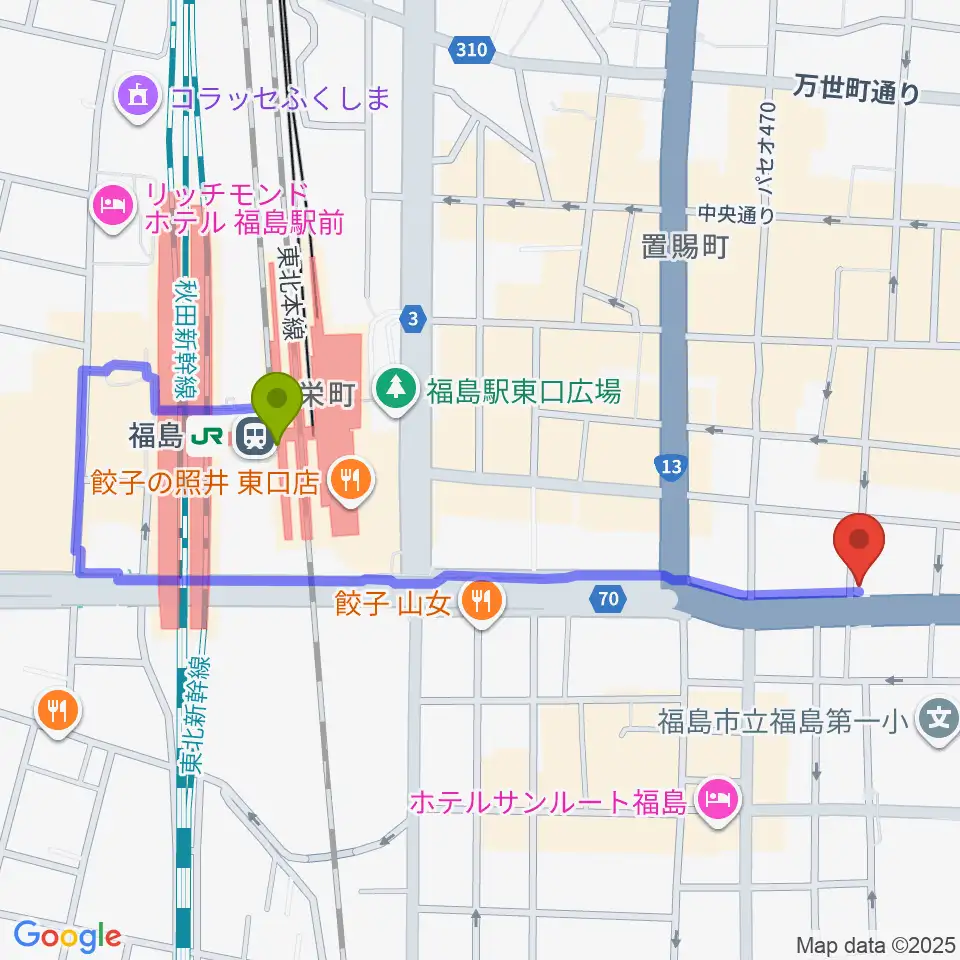アイヴィー楽器の最寄駅福島駅からの徒歩ルート（約9分）地図