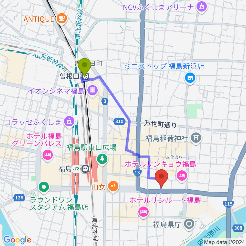 曽根田駅からアイヴィー楽器へのルートマップ地図