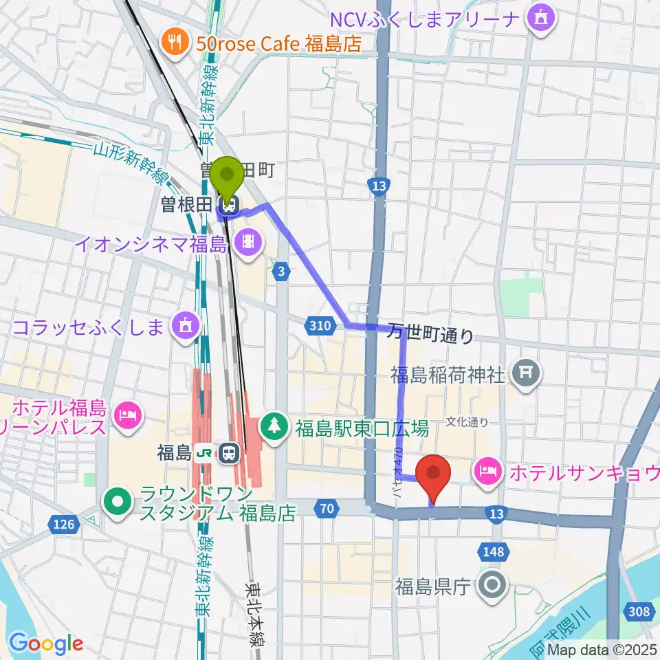 曽根田駅からアイヴィー楽器へのルートマップ地図