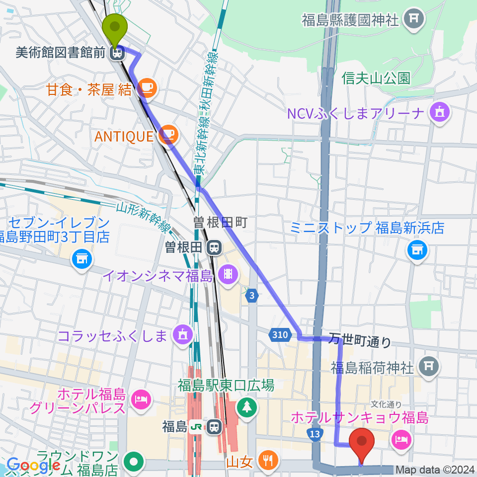 美術館図書館前駅からアイヴィー楽器へのルートマップ地図