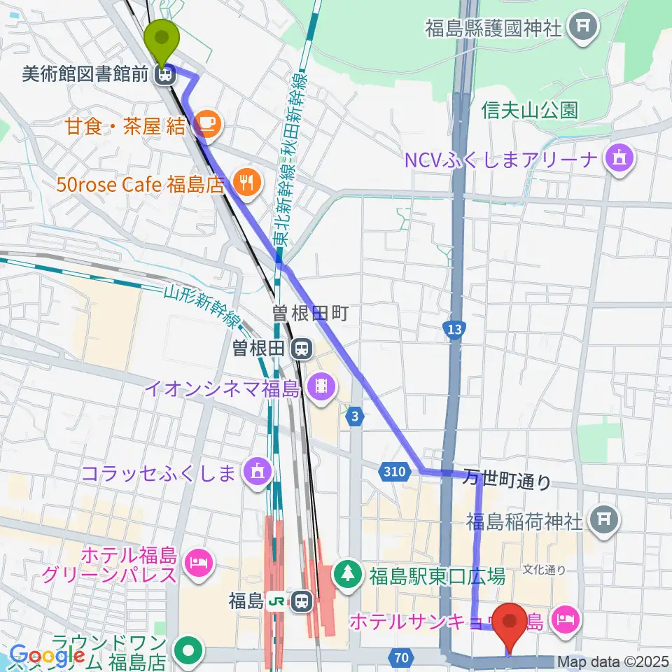 美術館図書館前駅からアイヴィー楽器へのルートマップ地図
