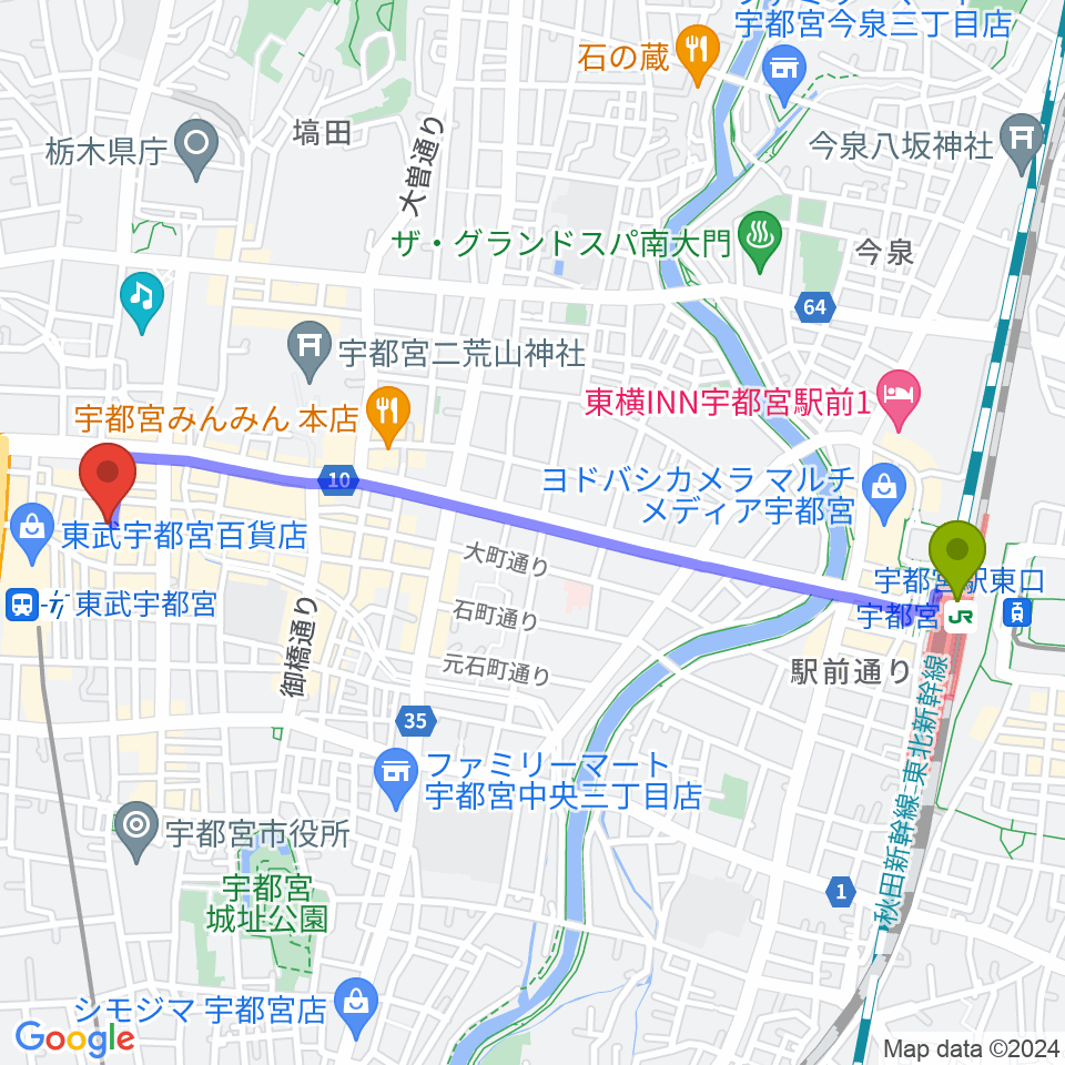 宇都宮駅からBACK BEAT ギターショップへのルートマップ地図