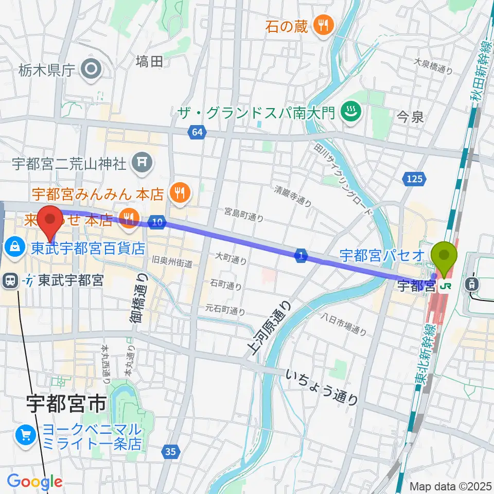 宇都宮駅からBACK BEAT ギターショップへのルートマップ地図