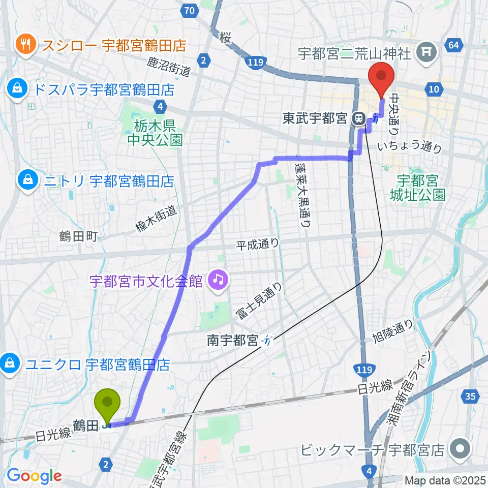 鶴田駅からBACK BEAT ギターショップへのルートマップ地図