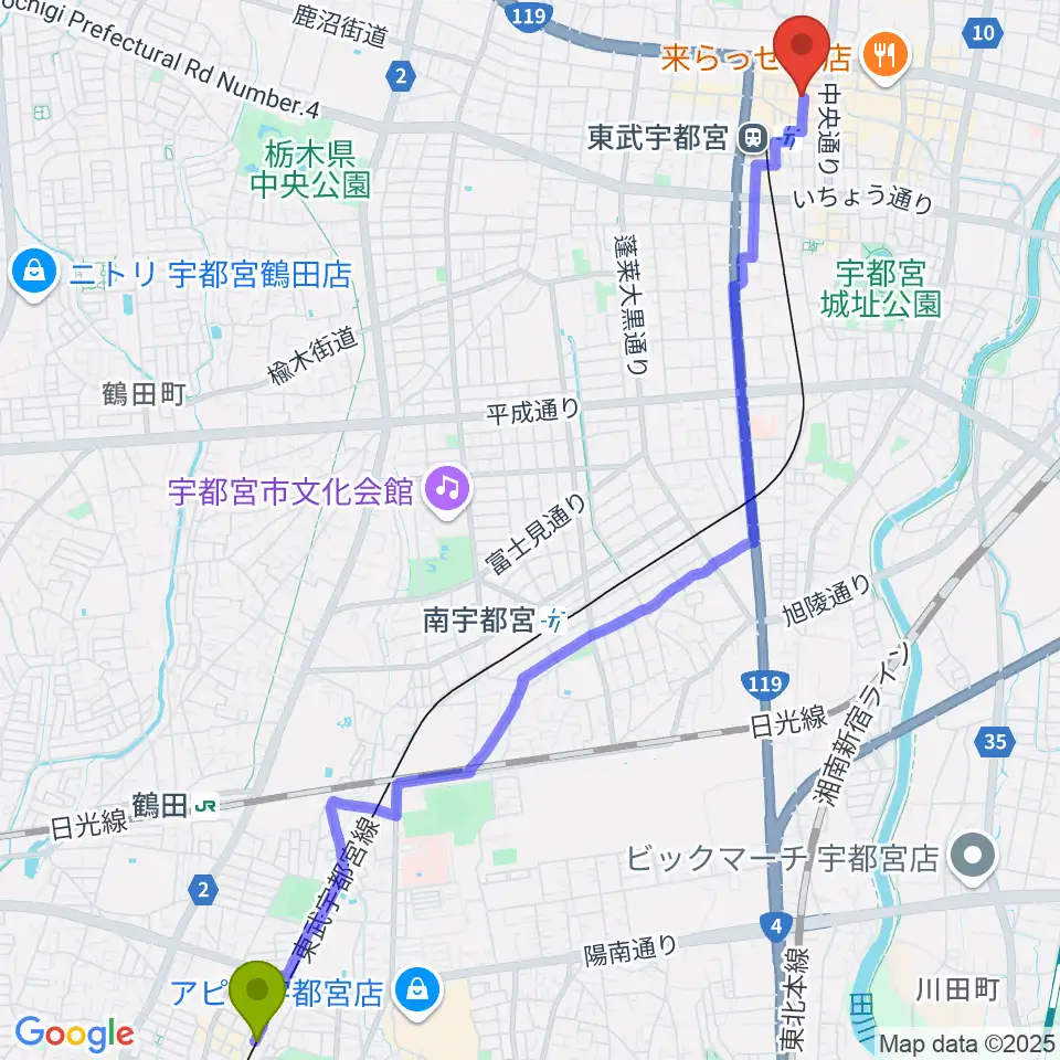 江曽島駅からBACK BEAT ギターショップへのルートマップ地図