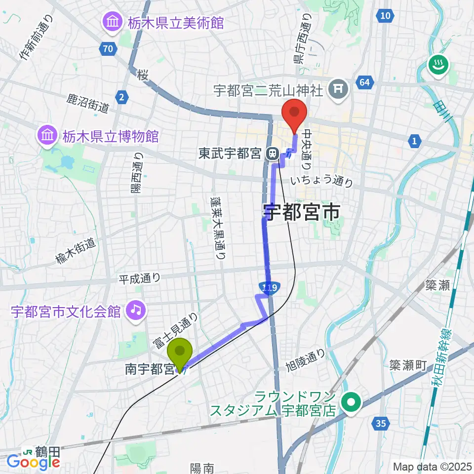 南宇都宮駅からBACK BEAT ギターショップへのルートマップ地図