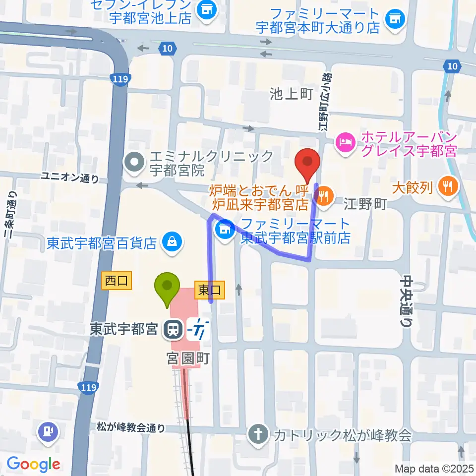 BACK BEAT ギターショップの最寄駅東武宇都宮駅からの徒歩ルート（約3分）地図