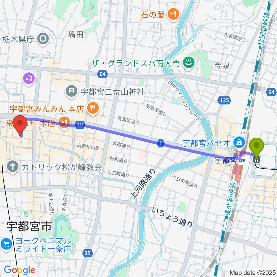 宇都宮駅東口駅からBACK BEAT ギターショップへのルートマップ地図